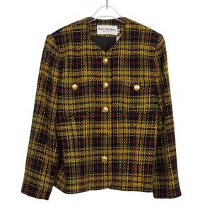 1990s Vintage JH Collectibles Black & Yellow Plaid Tweed Blazer Jacket Size 8P